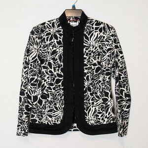 CHICO'S Black/White Floral Slim Fit Long Sleeve Casual Career Blazer; Size 8